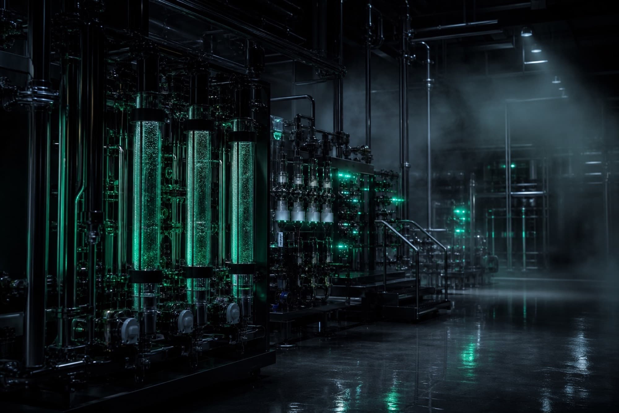 Chromatography skid in a dark biologics facility with emerald instrument light