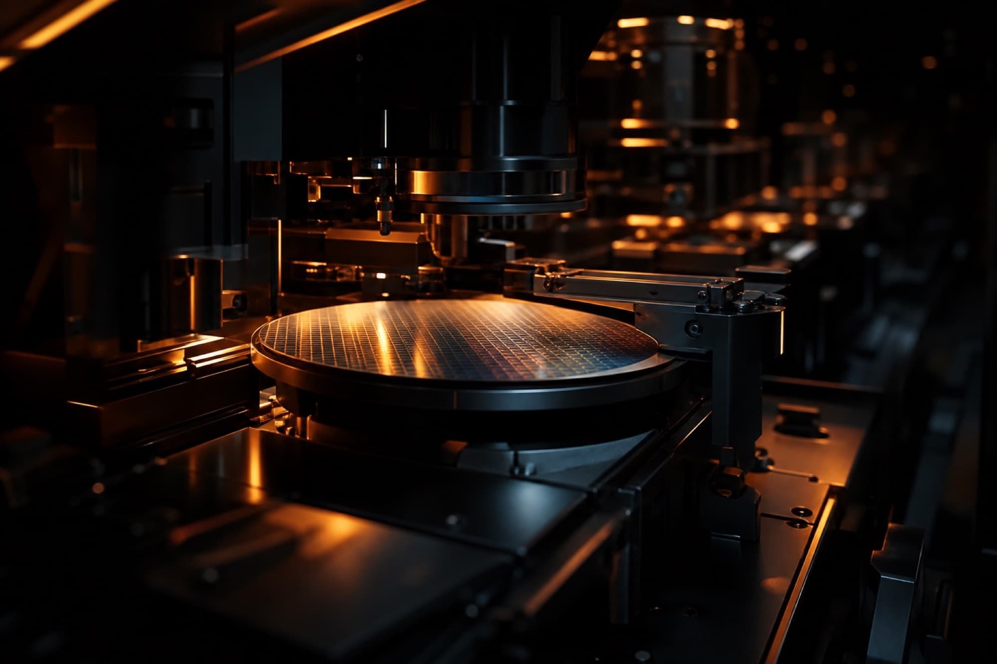 Semiconductor fabrication bay in darkness with copper edge light