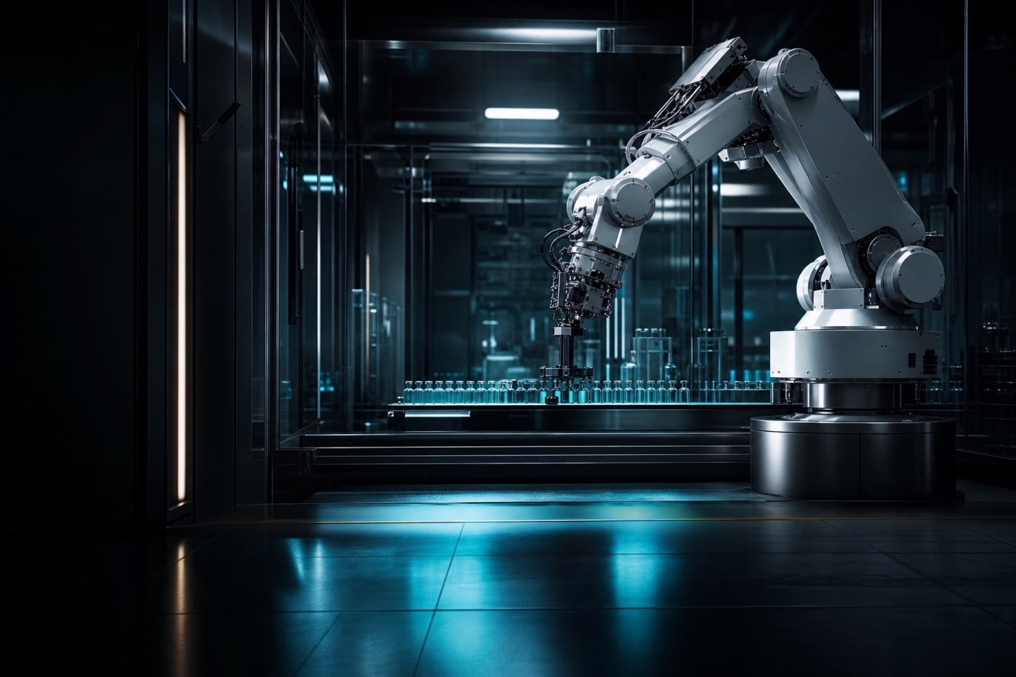 Advanced robotic arm in a sterile suite under dramatic side lighting