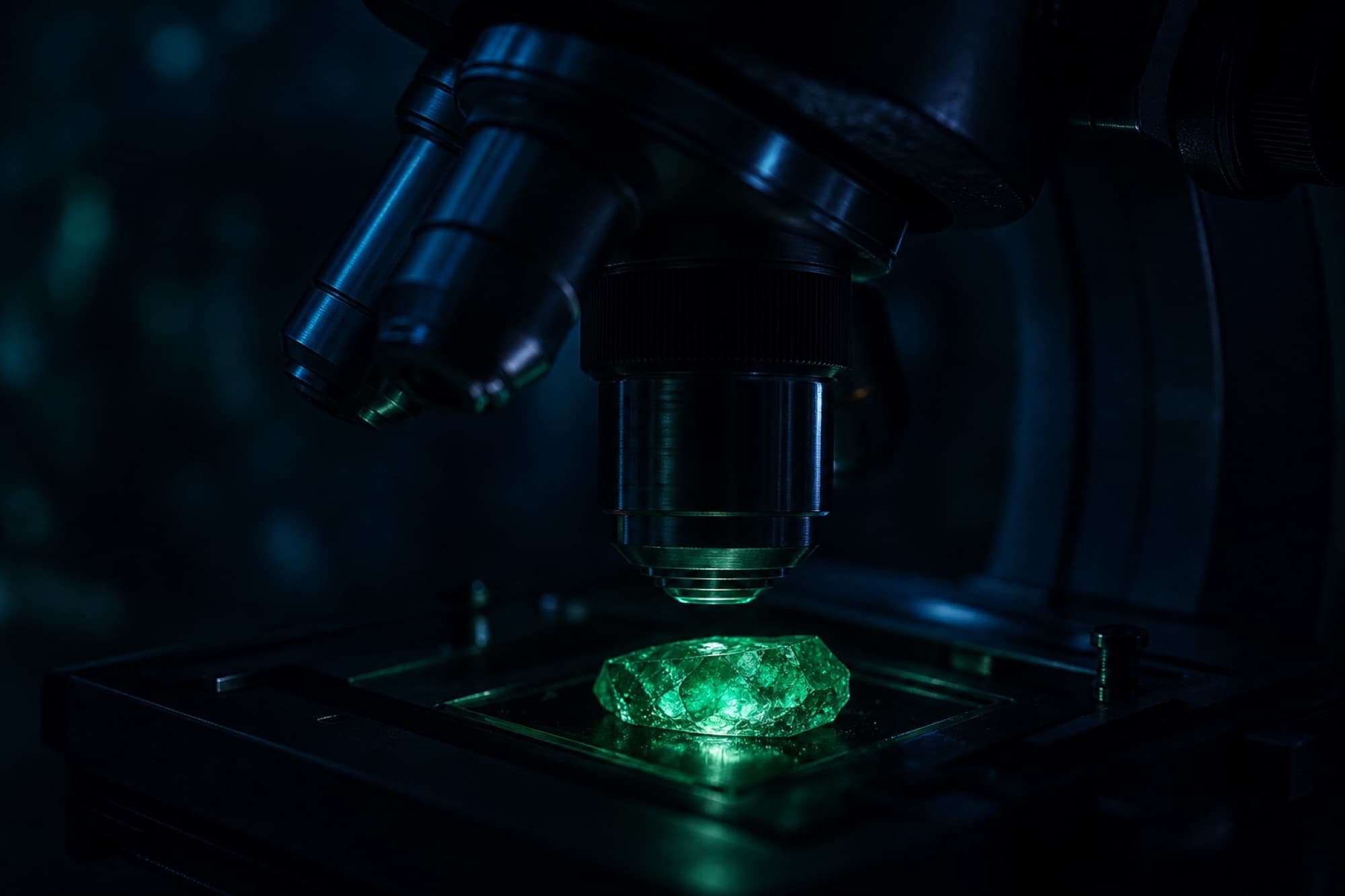 Optical microscope objective in darkness focusing on an emerald sample