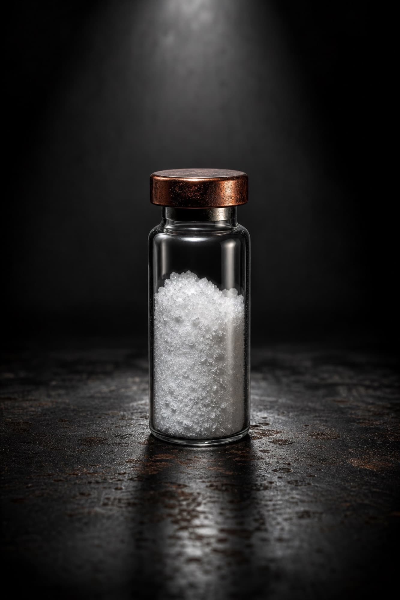 Single glass vial of crystalline powder under museum spotlight on blackened steel